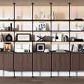 Modern Bookcase With Metal Frame Multiple Shelves Wooden Cabinets And Decorative Items