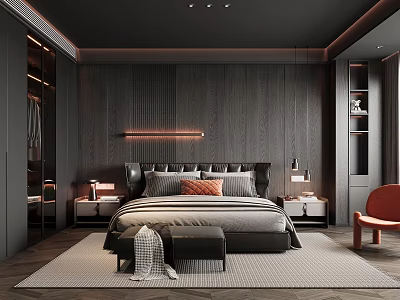 Dark Wooden Bedroom Interior Design With Bed Nightstands Orange Chair And Area Rug 3d model
