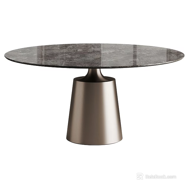 Modern Round Dining Table With Textured Glass Top And Conical Metal Base 3d model 