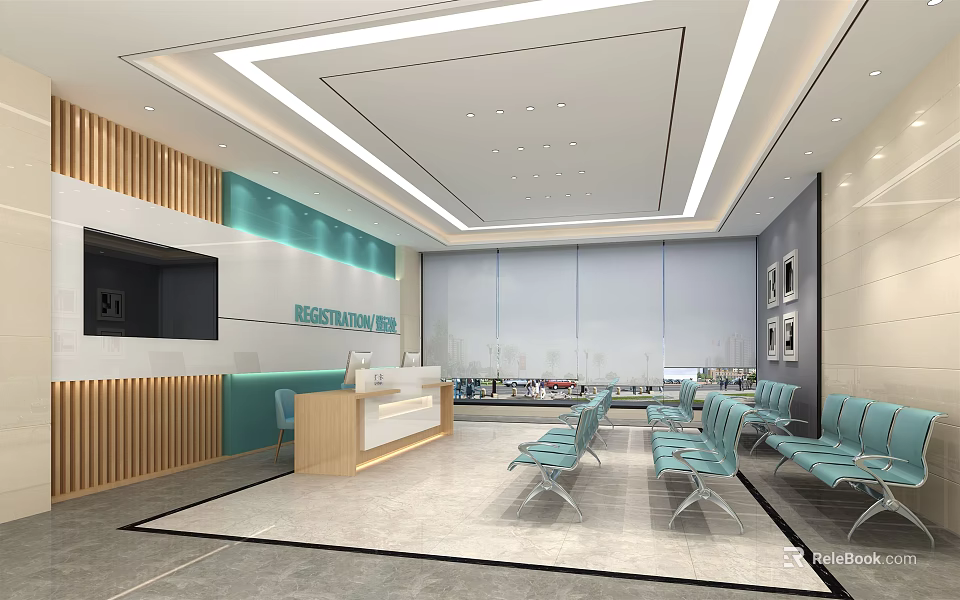 Modern Medical Waiting Area With Reception Desk Blue Chairs And Wooden Paneling 3d model 