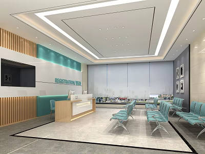 Modern Medical Waiting Area With Reception Desk Blue Chairs And Wooden Paneling 3d model