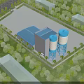 White And Blue Industrial Factory Building With Blue Water Tower Clear Sky And Trees