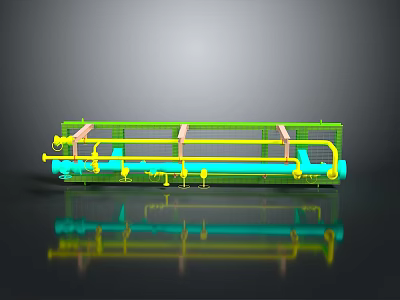 3D Model of Industrial Piping System With Green Yellow Components and Mechanical Structure 3d model
