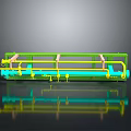 3D Model of Industrial Piping System With Green Yellow Components and Mechanical Structure