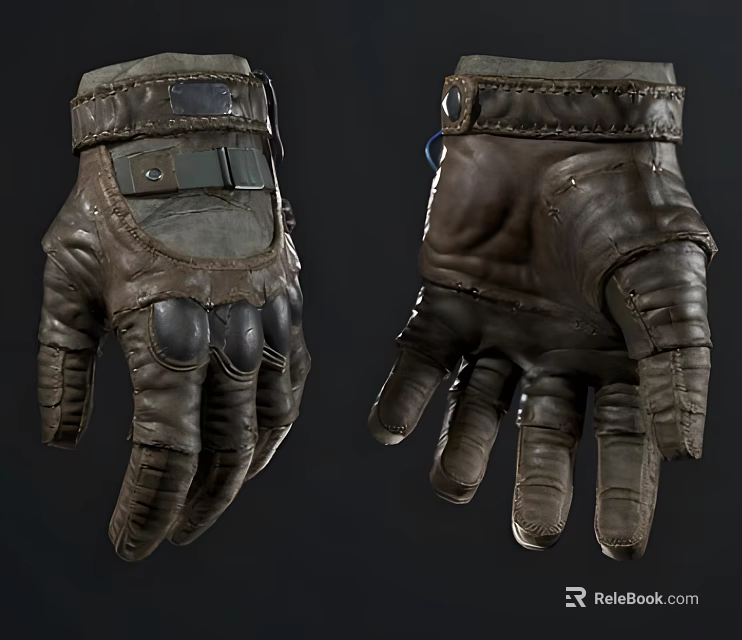 Durable Brown Leather Work Gloves With Reinforced Fingers And Adjustable Straps 3d model 