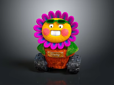 Cartoon Scene With Sunflower Character Smiling Face Sunglasses And Tracked Pot Named Daisy 3d model