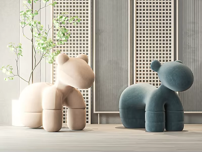 Modern Animal Shaped Children's Chairs in Beige and Teal Velvet 3d model