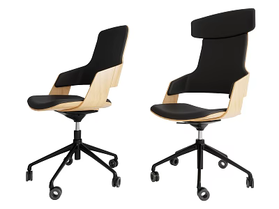 Modern Office Chair with Wooden Frame Black Upholstered Seat and Swivel Base on Wheels 3d model