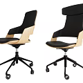 Modern Office Chair with Wooden Frame Black Upholstered Seat and Swivel Base on Wheels