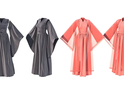 Elegant Traditional Long Sleeved Dresses in Gray and Pink Flowing Fabric 3d model