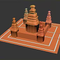 Red Architectural Model With Multiple Tower Structures On Square Platform And Geometric Lines 3d model