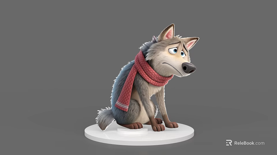 Animated Wolf Character In Sitting Pose Wearing Red Plaid Scarf With Sad Expression 3d model 