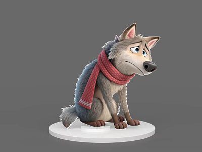 Animated Wolf Character In Sitting Pose Wearing Red Plaid Scarf With Sad Expression 3d model