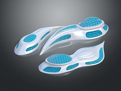 Cartoon Scene Featuring Multiple Streamlined White Structures With Blue Grid Details 3d model