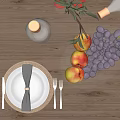 Elegant Ceramic Ware Display on Wooden Table with Fresh Fruits Wine Glasses and Olive Branch