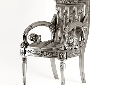 Silver Leisure Chair With Carved Decorations Ornate Armrests Tufted Seat And Classic Metal Frame Design 3d model