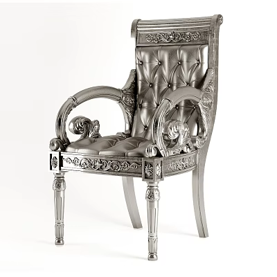 Silver Leisure Chair With Carved Decorations Ornate Armrests Tufted Seat And Classic Metal Frame Design 3d model