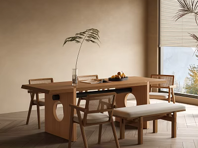 Modern Wooden Dining Table Set With Chairs Bench Vase And Fruits In Natural Interior 3d model
