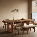 Wind Dining Table and Chair Combination Solid Wood Dining Table Solid Wood Dining Chair Chandelier Bench Rectangular 3d model