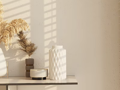 Minimalist White Diamond Patterned Vase with Dried Pampas Grass and Sunlight Shadows on Table 3d model