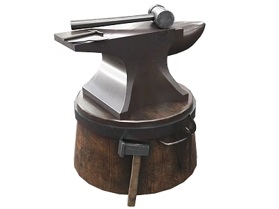 Sturdy Hardware Anvil with Hammer on Wooden Base for Metalworking Workshop Use 3d model
