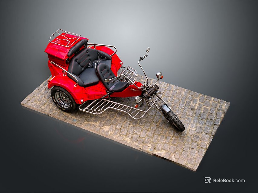 Red Sidecar Motorcycle With Black Seats And Metal Racks Parked On Cobblestone Road 3d model 