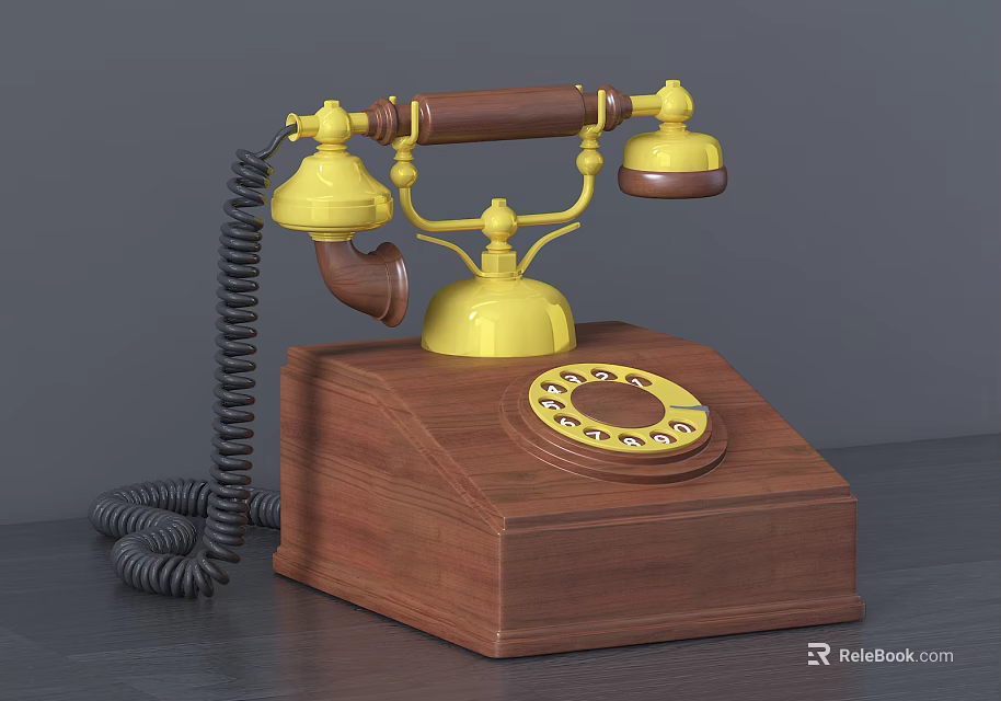 Classic Vintage Telephone With Yellow Handset Wooden Base And Rotary Dial 3d model 
