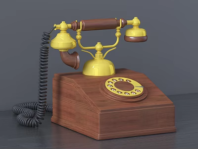 Classic Vintage Telephone With Yellow Handset Wooden Base And Rotary Dial 3d model