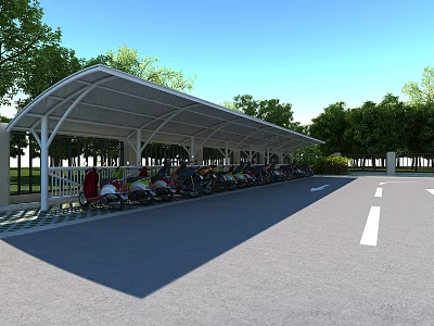 Modern Outdoor Motorcycle Parking Canopy With Covered Shelter And Green Trees Around 3d model