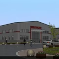 Modern Industrial Factory Building Exterior Design With Parking Area Landscaping And People Walking