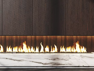 Modern Fireplace With Wooden Wall Panel And Marble Hearth Featuring Burning Flames 3d model