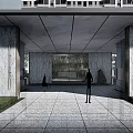 Elegant Modern Entrance Gate With Marble Walls Person In Red And Surrounding Trees
