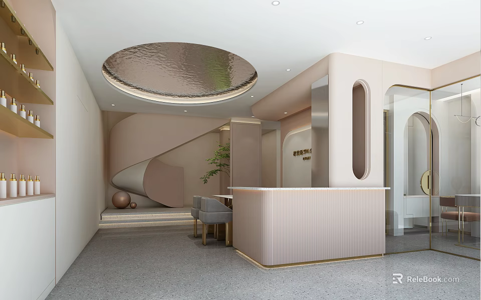 Modern Luxury Beauty Hair Salon Interior With Curved Design And Soft Tones Mirrors 3d model 