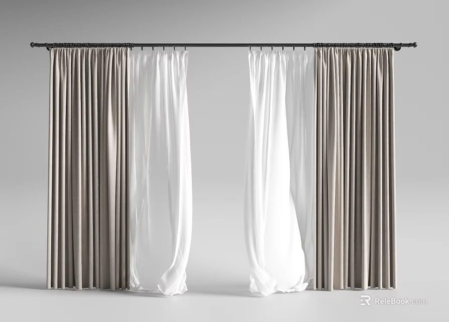 Elegant Double Layer Curtains With White Sheer And Brown Fabric For Home Decor 3d model 