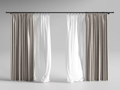 Elegant Double Layer Curtains With White Sheer And Brown Fabric For Home Decor 3d model