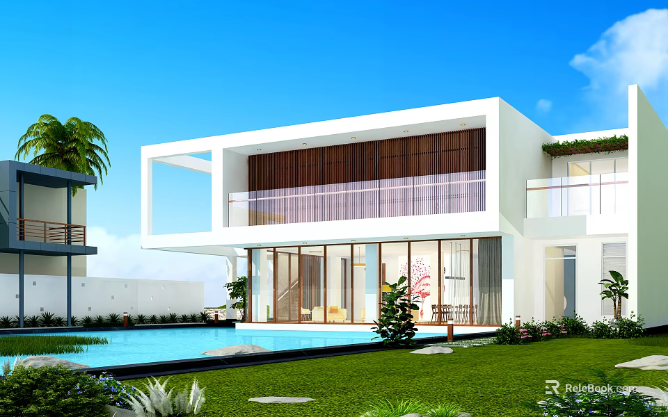 Luxury Modern Detached Villa With Swimming Pool And Lush Green Lawn 3d model 
