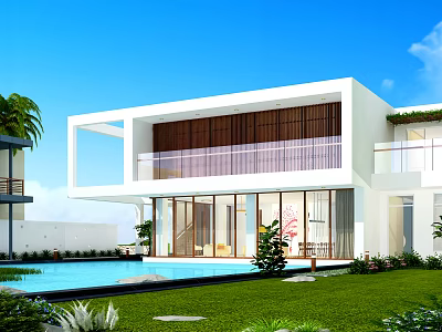 Luxury Modern Detached Villa With Swimming Pool And Lush Green Lawn 3d model