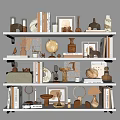 Stylish Decorative Ornaments Set With Globe Vases Books Frames Mirrors On Shelves