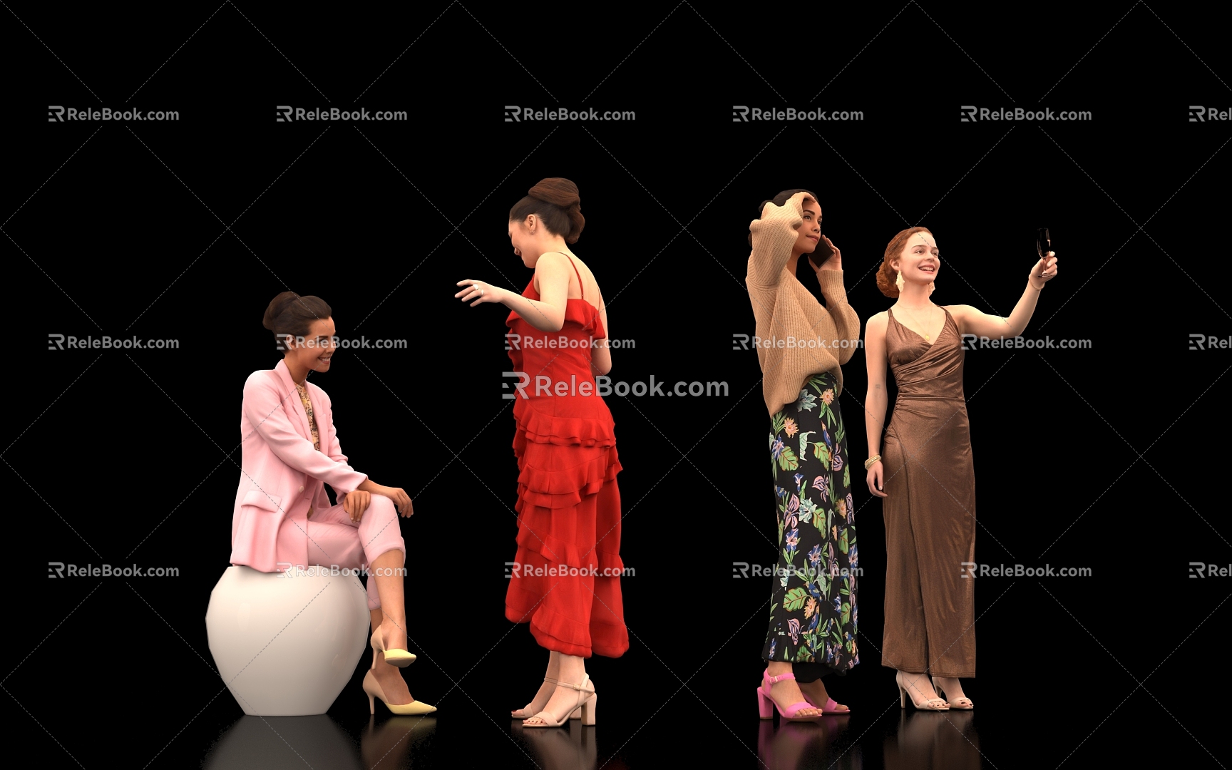 Women Women Women Many People Red Skirt dress Party Dress Drinking Phone Sitting Chat Dialogue Scene Atmosphere Model 3d model