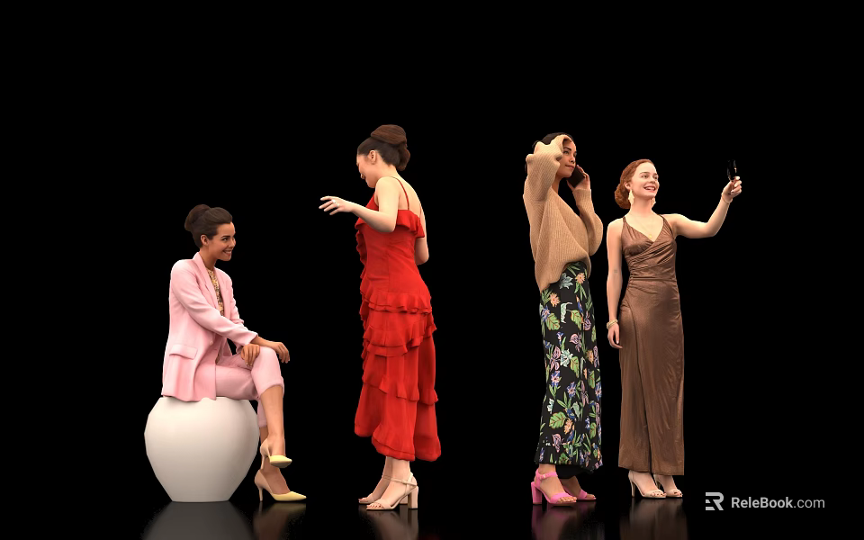 Women In Stylish Outfits Posing With Different Postures Against Black Background 3d model 