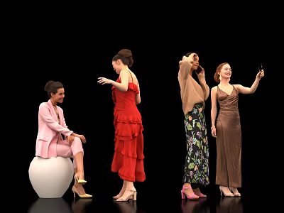 Women In Stylish Outfits Posing With Different Postures Against Black Background 3d model