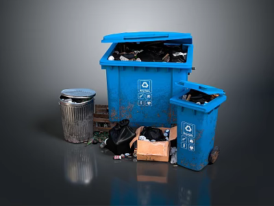 Blue Trash Bins With Recycling Symbols Silver Metal Can Black Garbage Bags And Scattered Debris 3d model