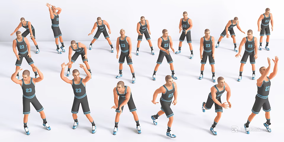 Multiple Basketball Players in Black Jerseys Showing Different Dynamic Action Poses 3d model 