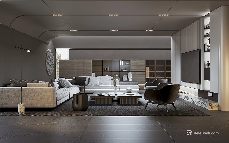 Modern Living Room Interior Design With Sofa Coffee Table TV Cabinet And Ceiling Lights 3d model 
