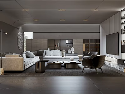 Modern Living Room Interior Design With Sofa Coffee Table TV Cabinet And Ceiling Lights 3d model