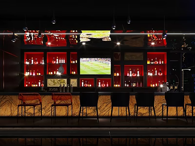 Stylish Bar Interior With Red Wine Shelves TV Screen And Bar Stools 3d model