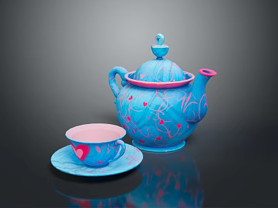 Blue Teapot With Pink Decorations And Matching Teacup Saucer Heart Patterns 3d model