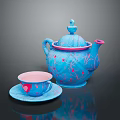 Blue Teapot With Pink Decorations And Matching Teacup Saucer Heart Patterns