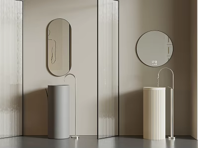 Modern Bathroom Interior With Pedestal Sinks Round Mirrors And Glass Partitions 3d model