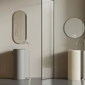 Modern Bathroom Interior With Pedestal Sinks Round Mirrors And Glass Partitions